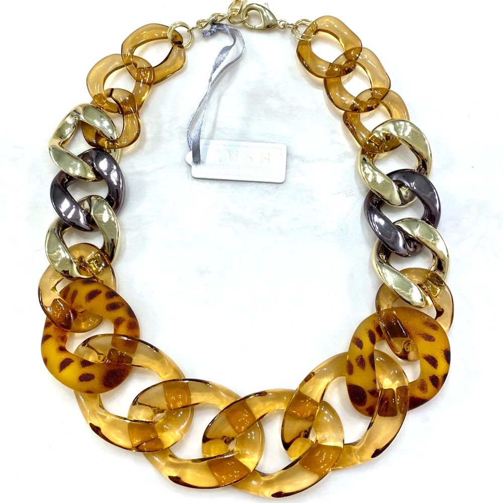 Leopard Acrylic Link Necklace with Gold & Dark Metallic Accents